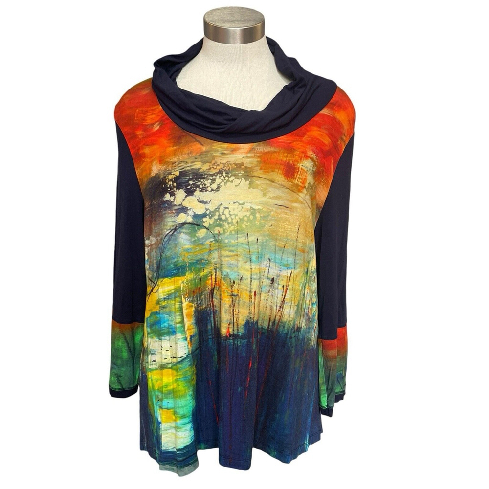 Simply Art by Dolcezza Tunic Top Colorful Abstract Art to Wear Cowl Neck Sz. XL